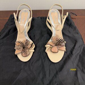 FENDI Blush/White Leather with Feathers Sandals